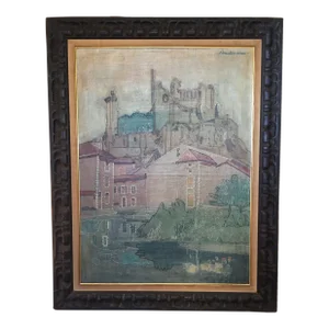 Mid 20th Century Baron Pierre Courtens Chauvigny Modernist Medieval Village Landscape Scene Oil Painting