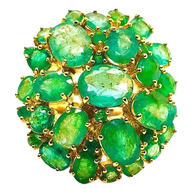 Bochic “Capri” Vintage Natural Emerald Retro Cluster Ring Set In 18K Gold & Silv For Sale