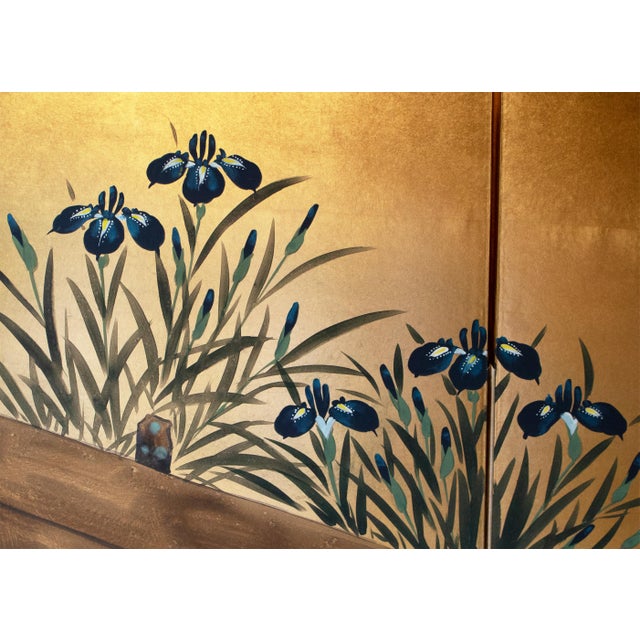 "Rinpa Iris Yatsuhashi" by Taizan, Heisei Era Japanese Painted Byobu Screen For Sale - Image 10 of 18