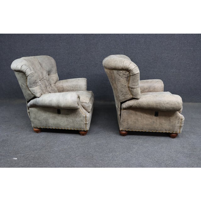 Pair of Leathercraft Inc. Distressed Gray Tufted Leather Recliner Club Chairs For Sale - Image 16 of 18