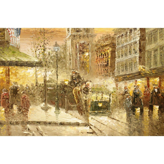 An original oil painting on canvas, from the 20th Century. Untitled, (American Street Scene). Signed, illegible signature,...