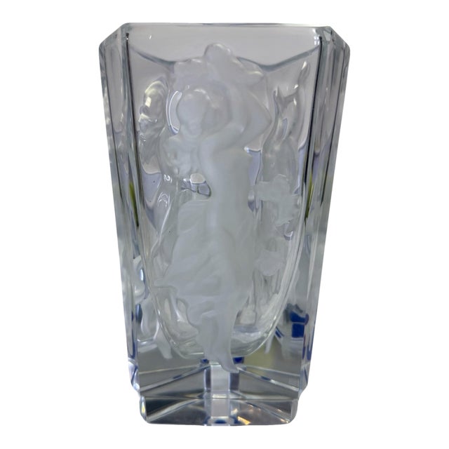 Art Deco Frantisek Halama Triangular Crystal "Three Maidens" Intaglio Vase For Sale