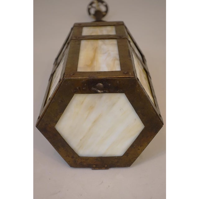 1910s Arts & Crafts Copper Iron Stained Glass Mission Hexagon Chimney Lantern Hanging Lamp 1910's For Sale - Image 12 of 14
