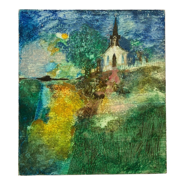 "Church on a Hill" Acrylic Painting on Board For Sale