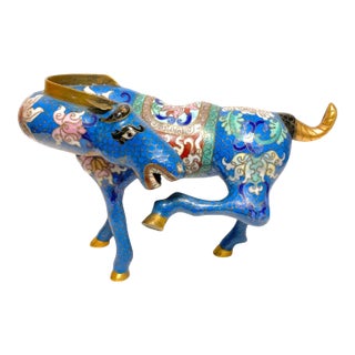 Vintage Chinese Cloisonné Horse Figurine Enamel Brass Statue Blue Red Gold 8.5" For Sale