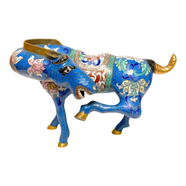 Vintage Chinese Cloisonné Horse Figurine Enamel Brass Statue Blue Red Gold 8.5" For Sale