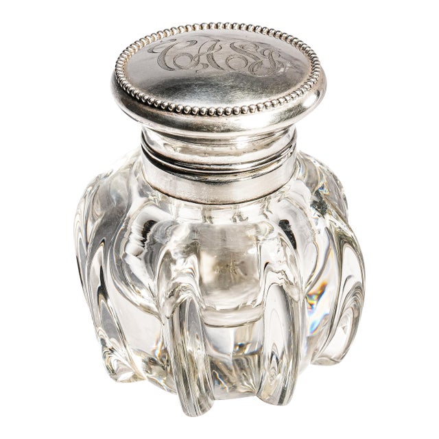 Stunning Crystal Sterling Silver Antique Art Nouveau Desk Paperweight Inkwell For Sale