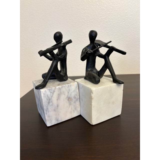 Mid-Century Modern 1980s Marble Based Brutalist Inspired Cast Iron Musician Sculpture Bookends - A Pair For Sale - Image 3 of 3