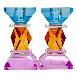 Danish Faceted Crystal Candle Holder Blue Lavender & Orange Pair For Sale