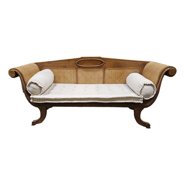A British Colonial Caned and Teak Bench Settee For Sale