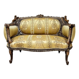 French Rococo Style Gold Sofa – High-End Upholstery With Gold Leaf Details For Sale