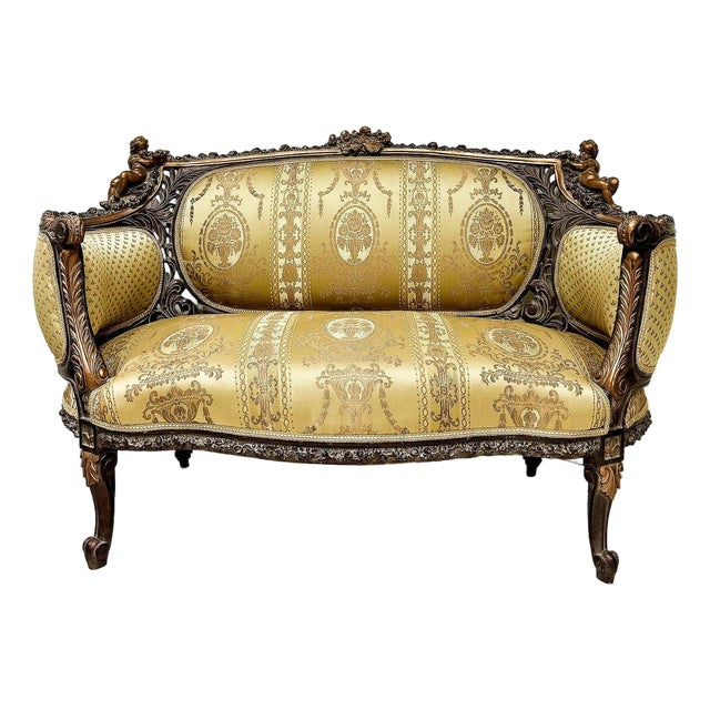 French Rococo Style Gold Sofa – High-End Upholstery With Gold Leaf Details For Sale