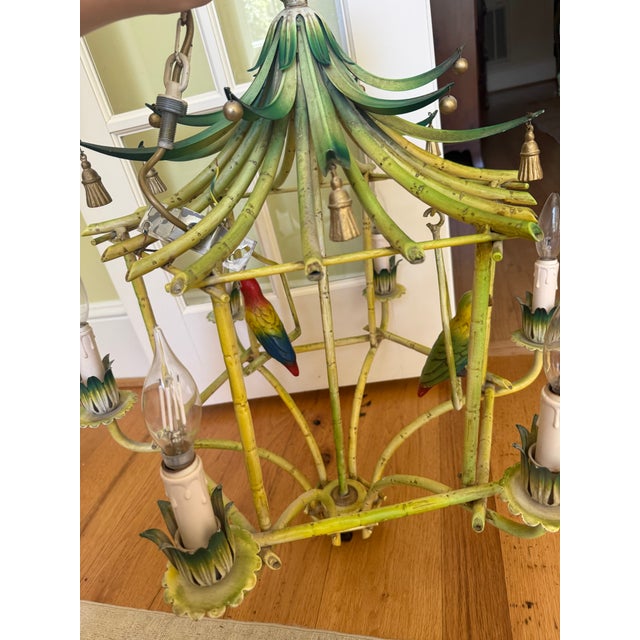 Chartreuse Mid-20th Century Coastal Chinoiserie Regency Pagoda Tole Faux Bamboo Chandelier For Sale - Image 8 of 10