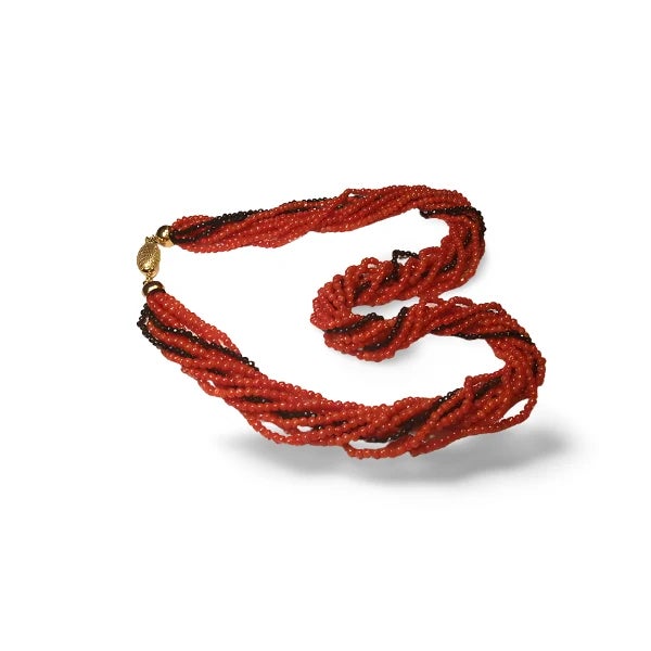 Make a bold statement with this exquisite 18K Yellow Gold Onyx and Coral Strand Necklace. Featuring 8 strands of vibrant...