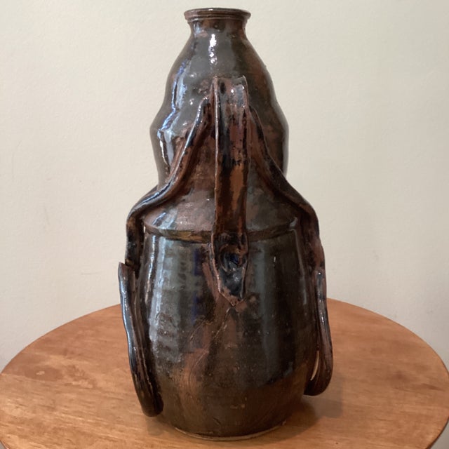 Art Nouveau Vintage Art Nouveau Curved Shape Earthenware Double Handle Vase With Makes Mark For Sale - Image 3 of 12