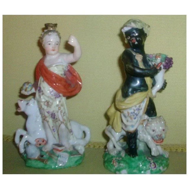 A lovely pair of Derby allegorical continents dating from 1780. Europe holds an orb in her hand and leans on a horse;...