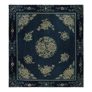 Antique Chinese Peking Art Deco Rug in Blue With Ivory Floral Medallions For Sale