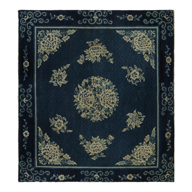 Antique Chinese Peking Art Deco Rug in Blue With Ivory Floral Medallions For Sale