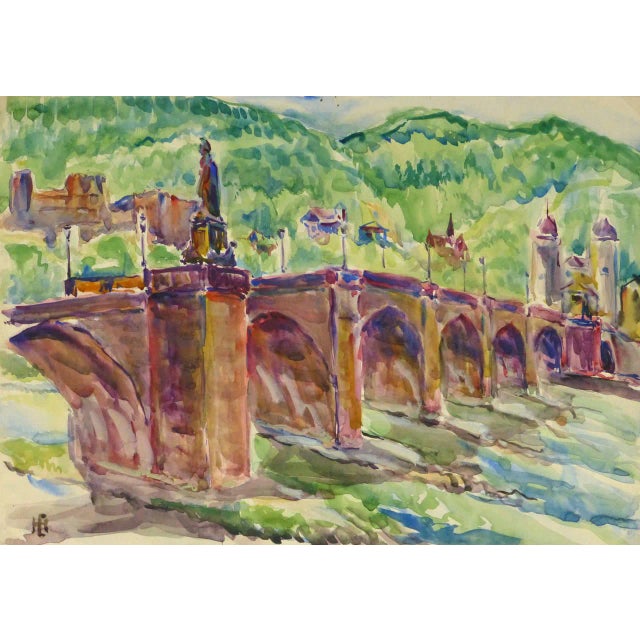Vintage Watercolor Landscape - Heidelberg Bridge For Sale