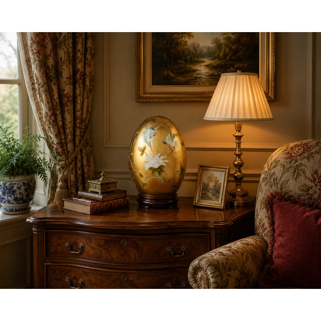 A striking large-scale porcelain decorative egg finished in applied gold leaf and hand-painted with delicate white...