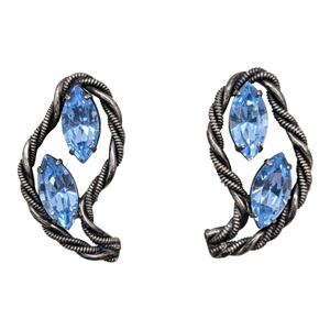 Vintage 1950s Signed Napier Silvertone Marquise Faux-Aquamarine Clip Earrings-2 Pieces