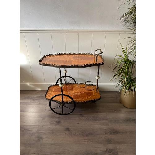 Vintage Hollywood Regency Italian Mod. Depose Trolley Inlaid Bar Cart For Sale - Image 11 of 11