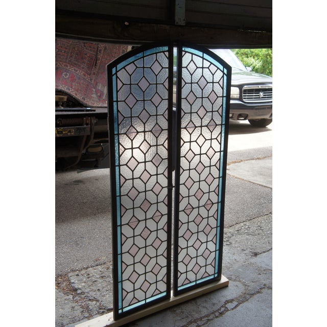 Vintage Reclaimed Arched Leaded Geometric Diamond Stained Glass Windows Pair For Sale - Image 12 of 12