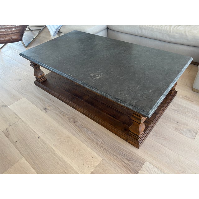 Traditional Blue-Gray Natural Slate Stone Coffee Table With Solid Hardwood Trestle Base For Sale - Image 3 of 4