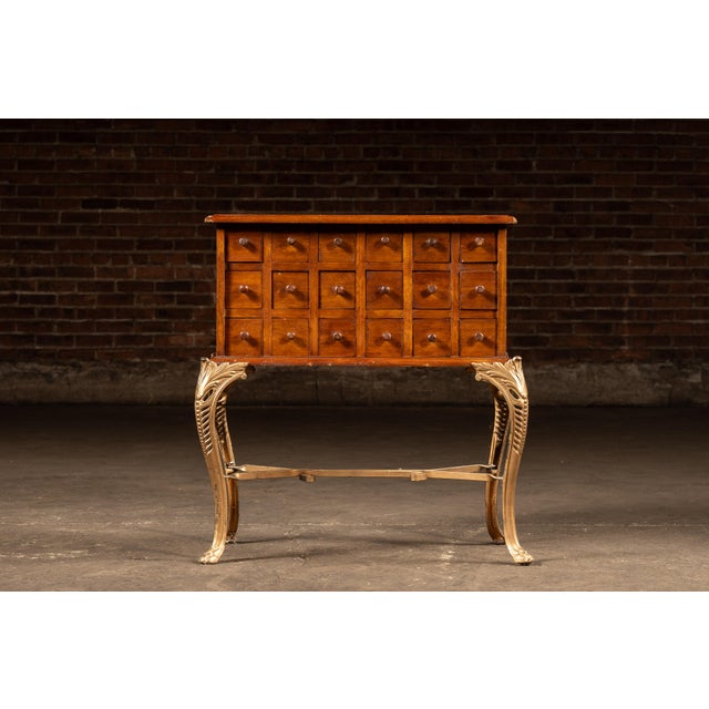 Rococo Early 20th Century 18-Drawer Apothecary Cabinet on Cabriole Brass Stand For Sale - Image 3 of 13