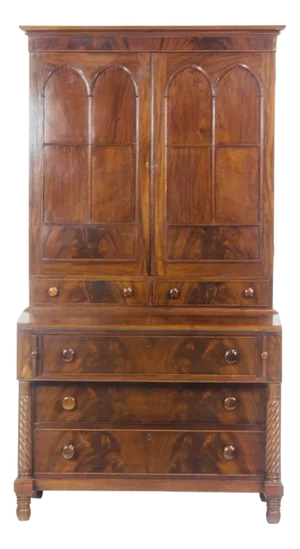English Regency Mahogany Secretary Chest of Drawers With Bookcase Top & Hidden Compartments, Circa 1820
