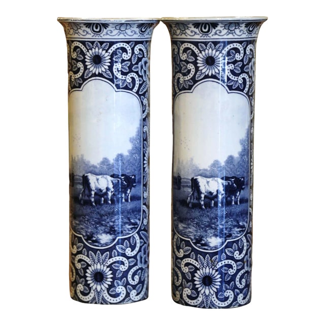 Pair of 19th Century Dutch Hand Painted Faience Delft Vases With Cattle Motifs For Sale