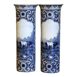 Pair of 19th Century Dutch Hand Painted Faience Delft Vases With Cattle Motifs