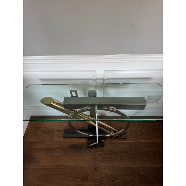 Kaizo Oto for Design Institute America Postmodern Brass, Chrome & Glass Sculptural Console Table For Sale - Image 9 of 12