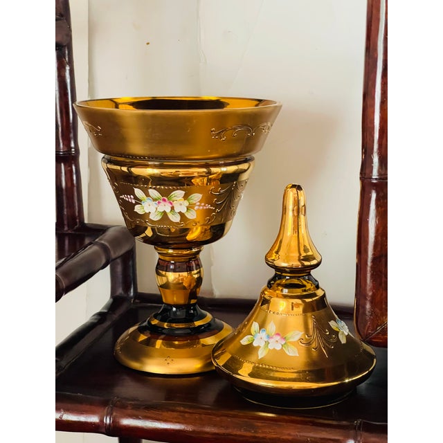 Antique Bohemian Amber Glass With Gold Enameled Compote VaseWith Cover For Sale - Image 4 of 5