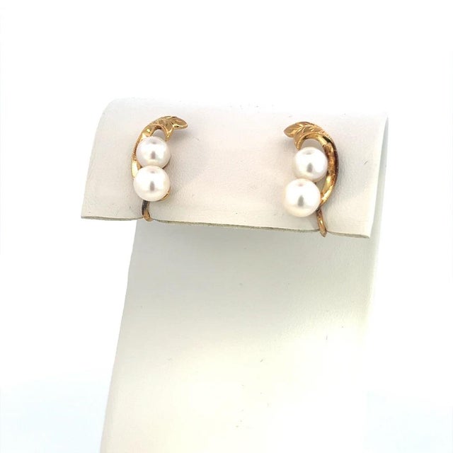 1990s Mikimoto Estate Akoya Pearl Earrings 14k Y Gold 6.44 mm, 2 pieces For Sale - Image 4 of 5