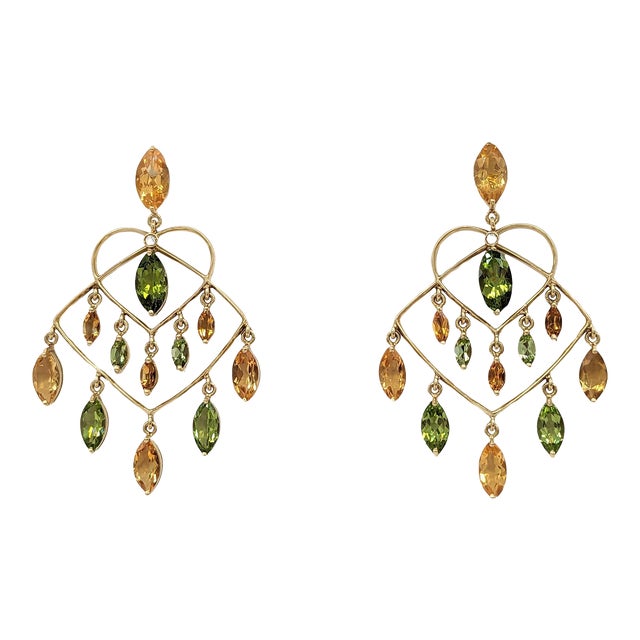 Citrine, Peridot, and White Diamond Chandelier Earrings in 18K Yellow Gold - A Pair For Sale