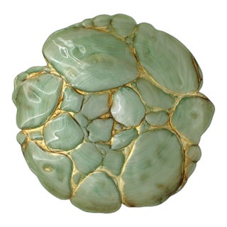 VTG Art Glass Bowl Centerpiece in Seafoam Celadon Green & Gold Beach Rocks 18”d For Sale