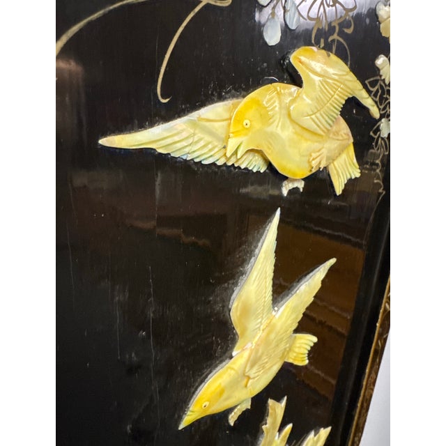 Paint Pair of Vintage Chinese Hardstone Inlaid Black Lacquer Wall Plaques – Peacock & Floral – 36” For Sale - Image 7 of 12