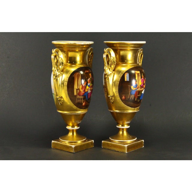 Early 19th C. Empire Old Paris Porcelain Fire Gilt & Painted Vases, a Pair For Sale In Houston - Image 6 of 18