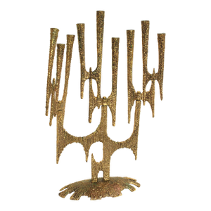 13.5" Vintage Israeli Brutalist Golden Brass Menorah/Chanukia