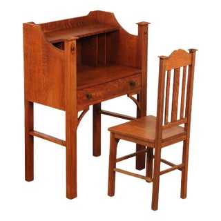 Antique WelBilt Arts & Crafts Inlaid Oak Writing Desk and Chair For Sale