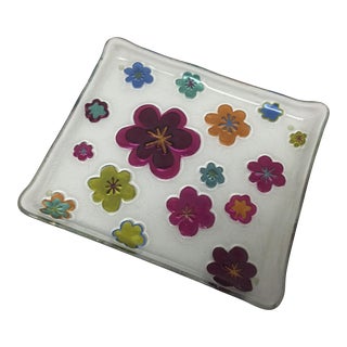 Vintage Hand Blown Glass Tray With Hand Painted Flowers in Jewel Tone Colors For Sale