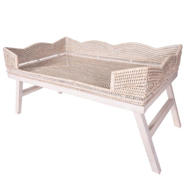 Artifacts Rattan Scallop Design Breakfast Tray with Wooden Legs, White Wash For Sale - Image 4 of 6