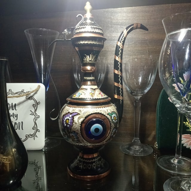 Vintage Turkish Copper & Enamel Evil Eye Ewer | Hand-Painted Nazar Decorative Vessel, 1970s For Sale - Image 10 of 10
