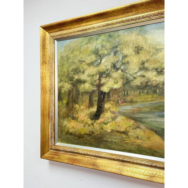 Vintage Oil Painting Landscape Father Son Fishing River Impressionist on Canvas For Sale - Image 10 of 15