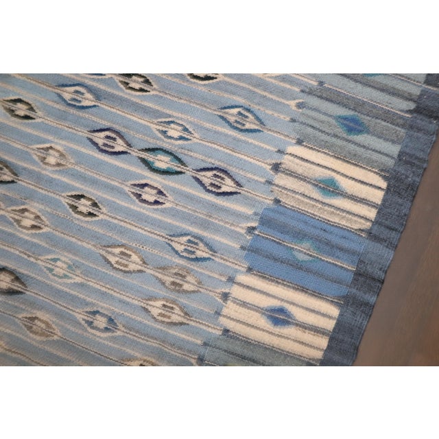 Vintage Zabihi Collection Abstract Blue Swedish Kilim - 4'10" x 6' For Sale - Image 11 of 12