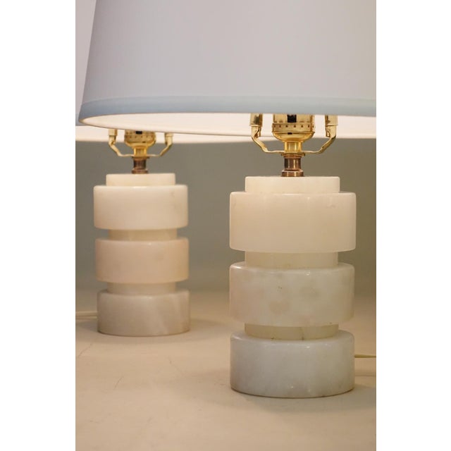 Matched Pair Mid Modern Stacked White Alabaster Marble Cylinder Table Lamps Russel Wright 1950's For Sale In Los Angeles - Image 6 of 11