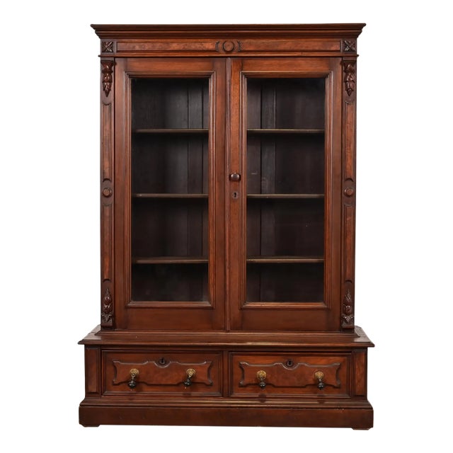 Herter Brothers Style Antique Eastlake Victorian Carved Walnut and Burl Wood Bookcase, Circa 1880s For Sale