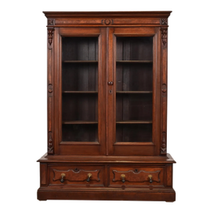 Herter Brothers Style Antique Eastlake Victorian Carved Walnut and Burl Wood Bookcase, Circa 1880s