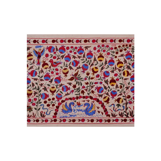 1960s Handcrafted Uzbek Suzani Wall Tapestry – Folk Art Bird & Tree Design Decor 3'5'' X 6'1'' For Sale - Image 5 of 11